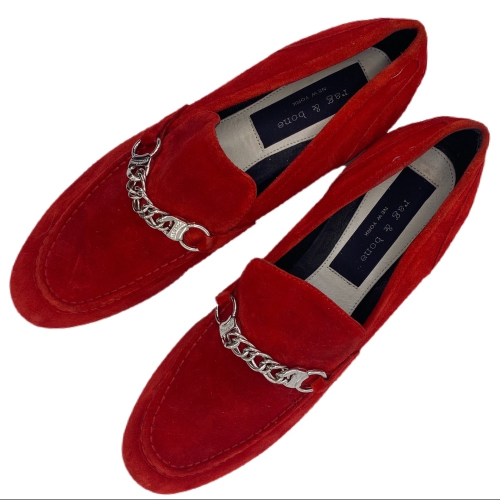 RAG & BONE Red Suede Chain Bit Slip On Loafers